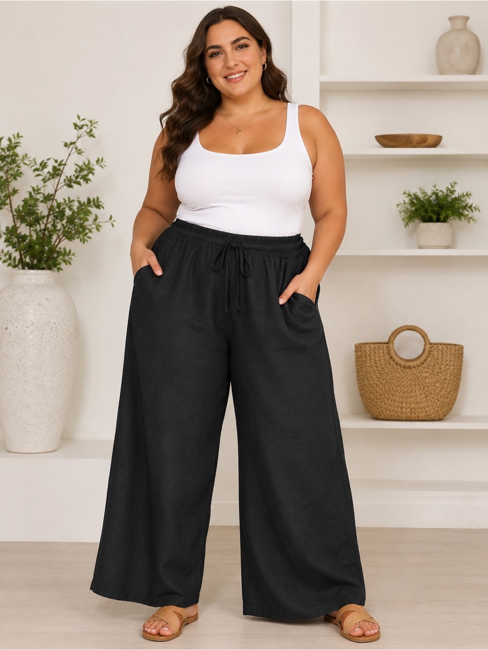AVA & VIV BLACK LINEN WIDE LEG PANTS 3X NEW • - Picture 1 of 9